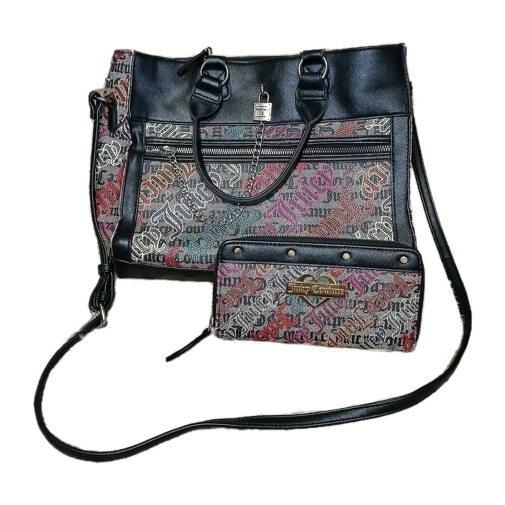 Juicy Couture Tote Handbag Purse & Wallet Set Multicolor Logo Print Black Trim